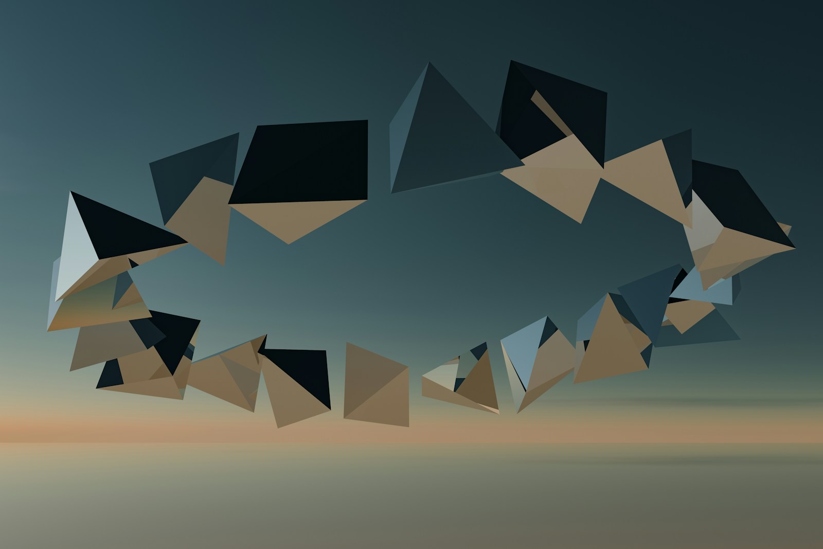 A group of abstract shapes floating in the air